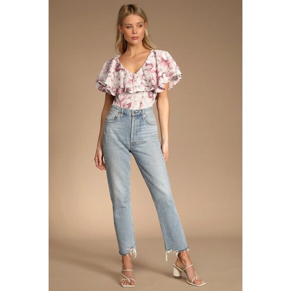 Lulus Bodysuit White Floral Print Ruffle Short Sleeve Tie Back - Picture 3 of 15